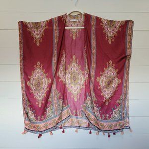Woven Heart Burgundy/Wine Pattern Shawl Wrap Kimono Style, One Size